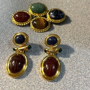 Vintage Givenchy Egyptian Revival Gemstone Scarab Earrings & Gemstone Brooch